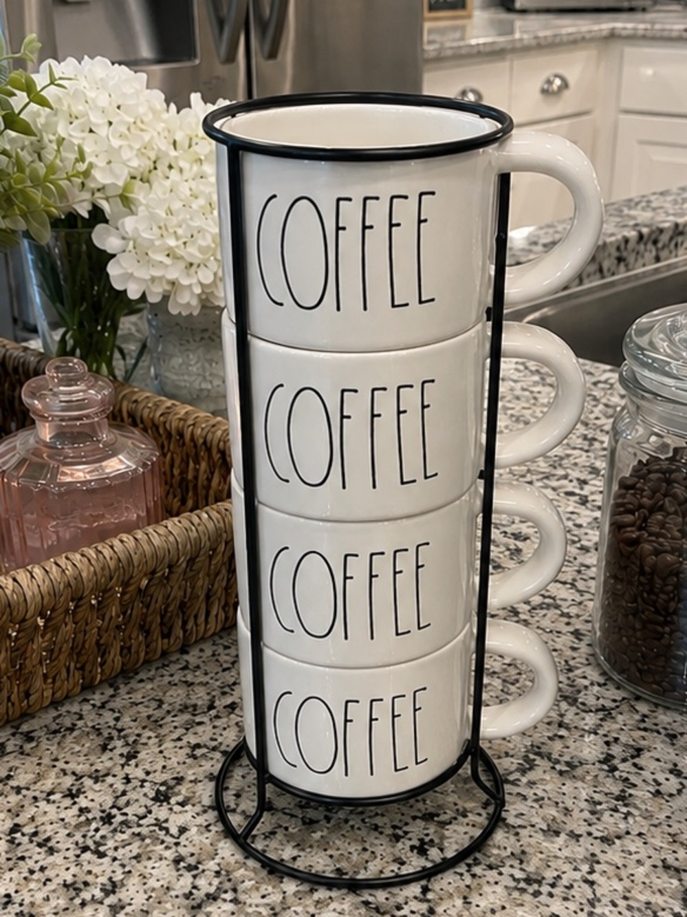 Rae Dunn white ceramic 4-cup "COFFEE" mug stacker set  NWOT